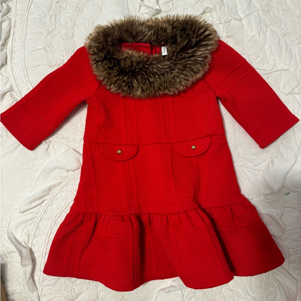 Janie and Jack FAUX FUR COLLAR JACQUARD DRESS 2T